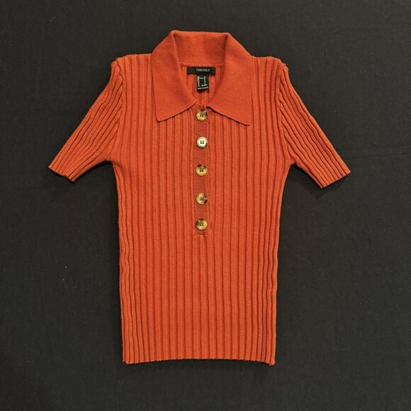 Forever 21 Rust Orange Button Front Collar Short Sleeve Sweater Juniors Small - Picture 1 of 5